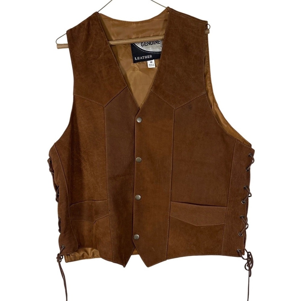 Genuine Leather Western Biker Vest Brown Lace Up Side Snap Front Mens Medium